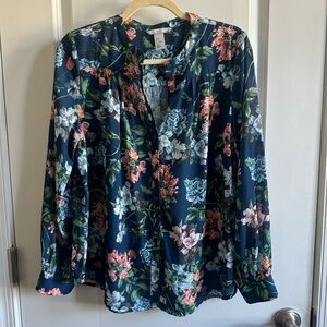 H&M | Long Sleeve Button Down Blouse Blue Floral Print Size 6